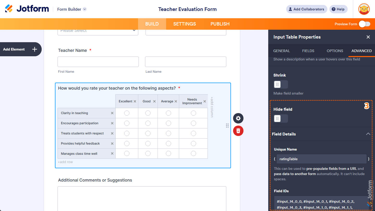 Other field properties under the Advanced tab of the Input Table Properties menu in Jotform Form Builder