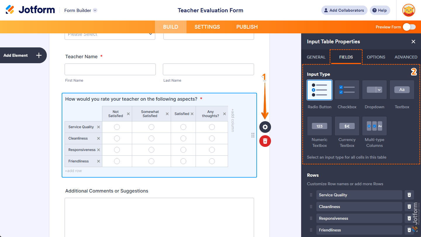 Input Type property under the Fields tab of the Input Table Properties menu in Jotform Form Builder