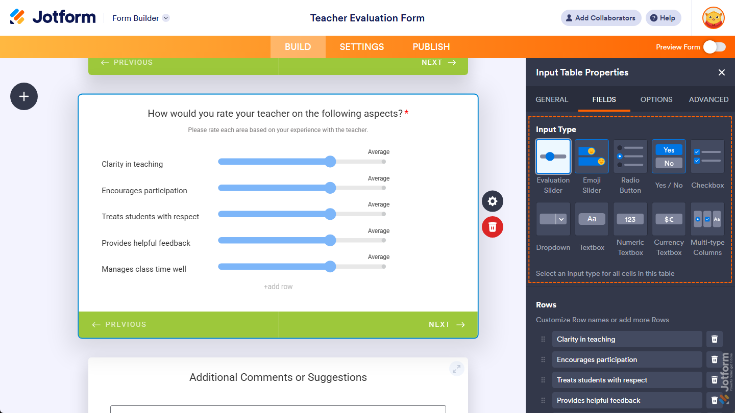 Other Input Type property options under the Fields tab of the Input Table Properties menu in Jotform Cards Form Builder