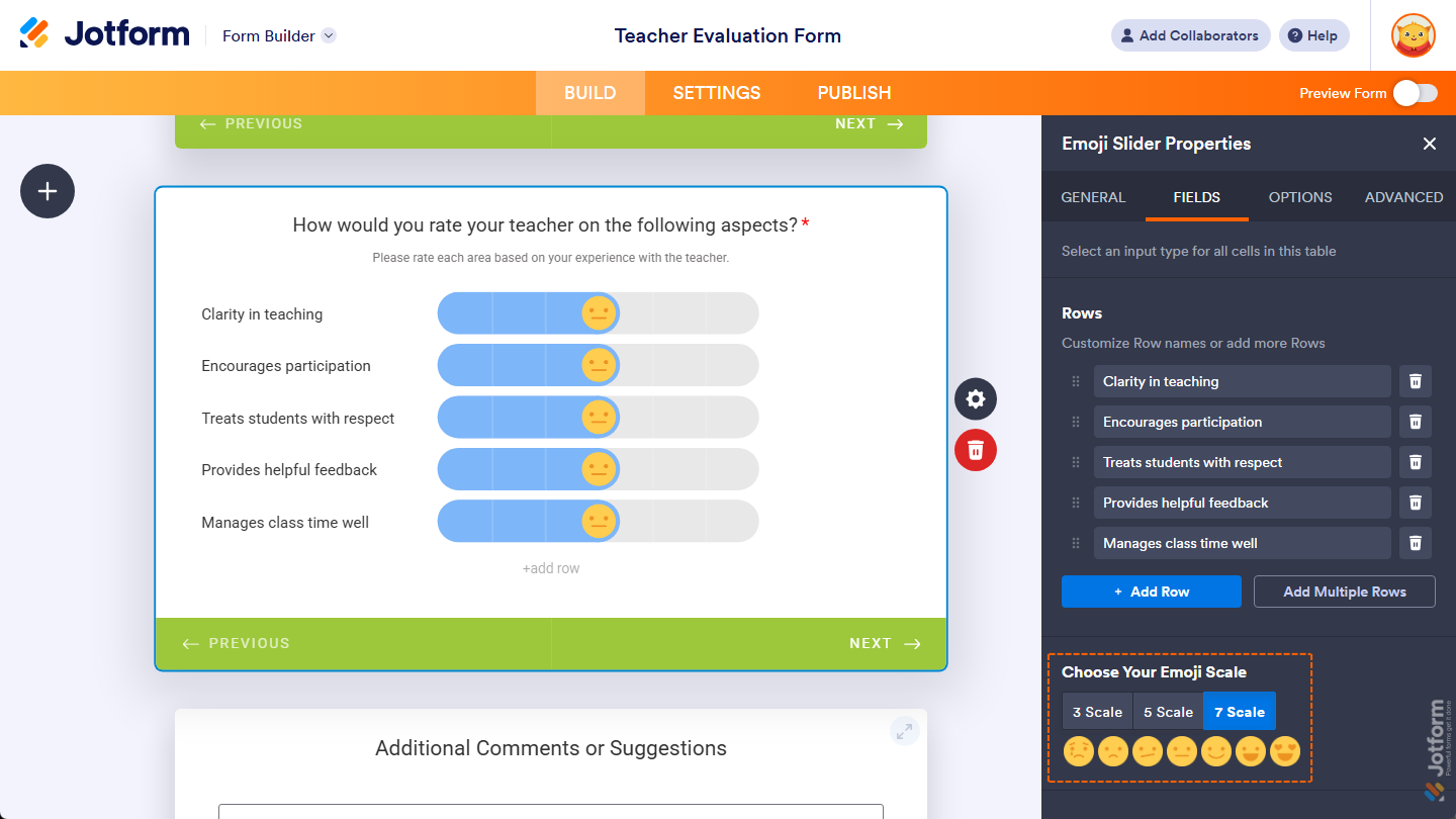 Choose Your Emoji Scale property options under the Fields tab of the Input Table Properties menu in Jotform Cards Form Builder