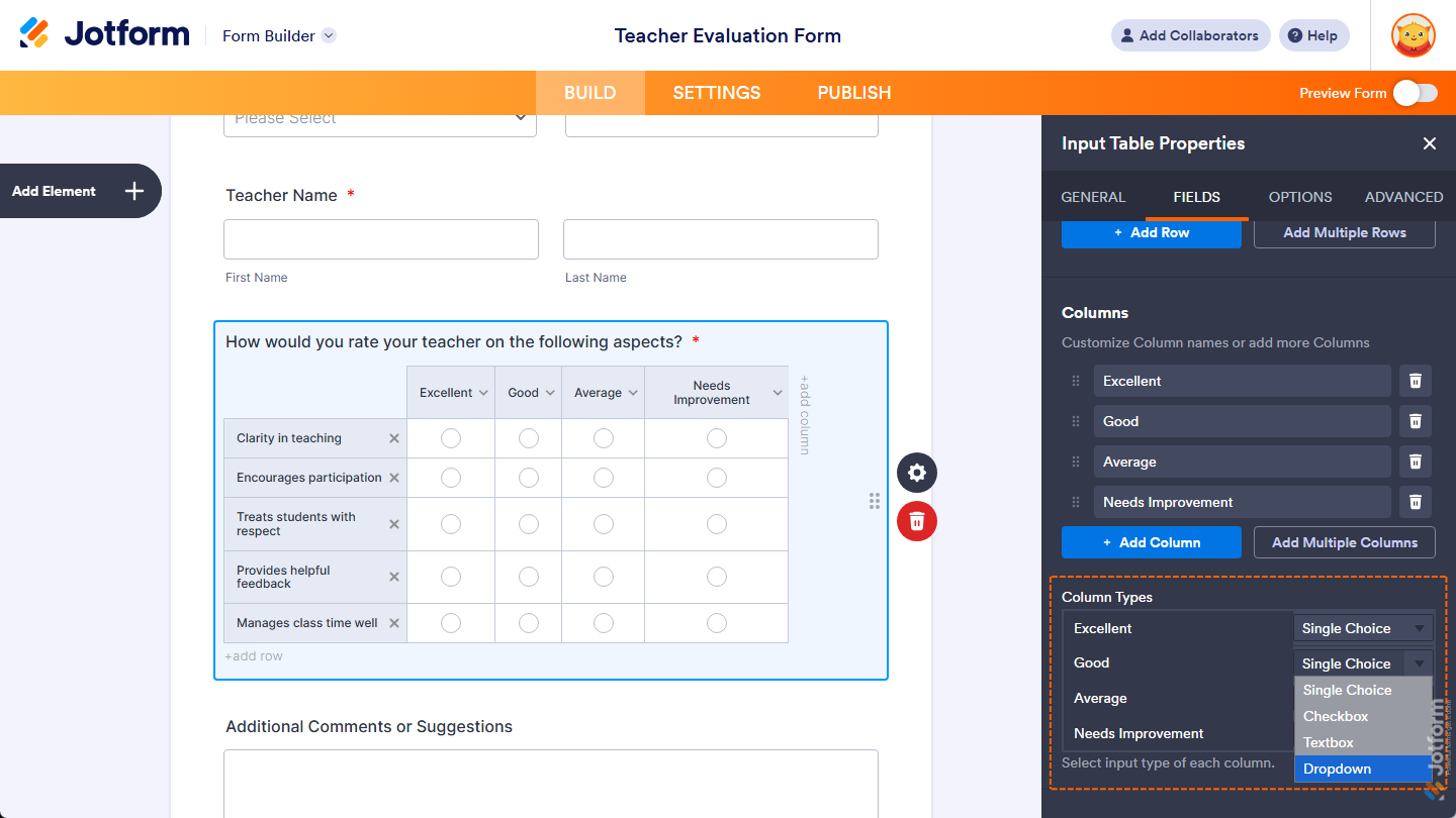 Column Types property under the Fields tab of the Input Table Properties menu in Jotform Form Builder