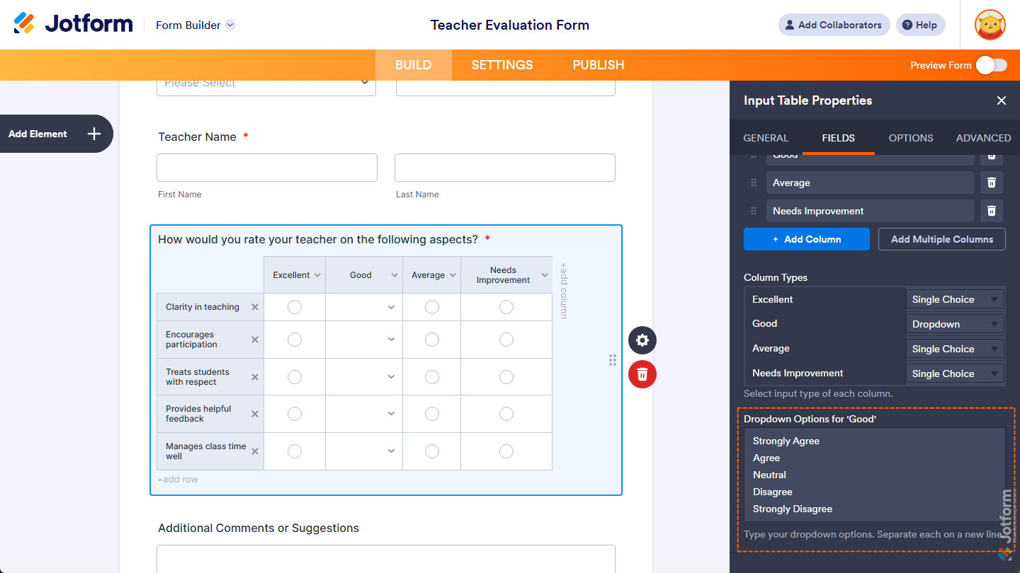 Dropdown Options property for specific dropdown column under the Fields tab of the Input Table Properties menu in Jotform Form Builder