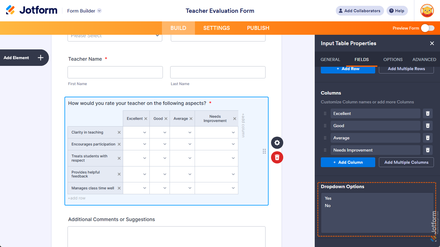 Dropdown Options property under the Fields tab of the Input Table Properties menu in Jotform Form Builder