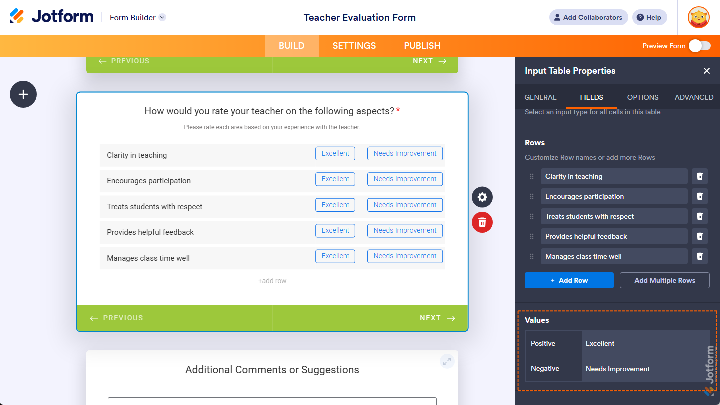 Values property options under the Fields tab of the Input Table Properties menu in Jotform Cards Form Builder
