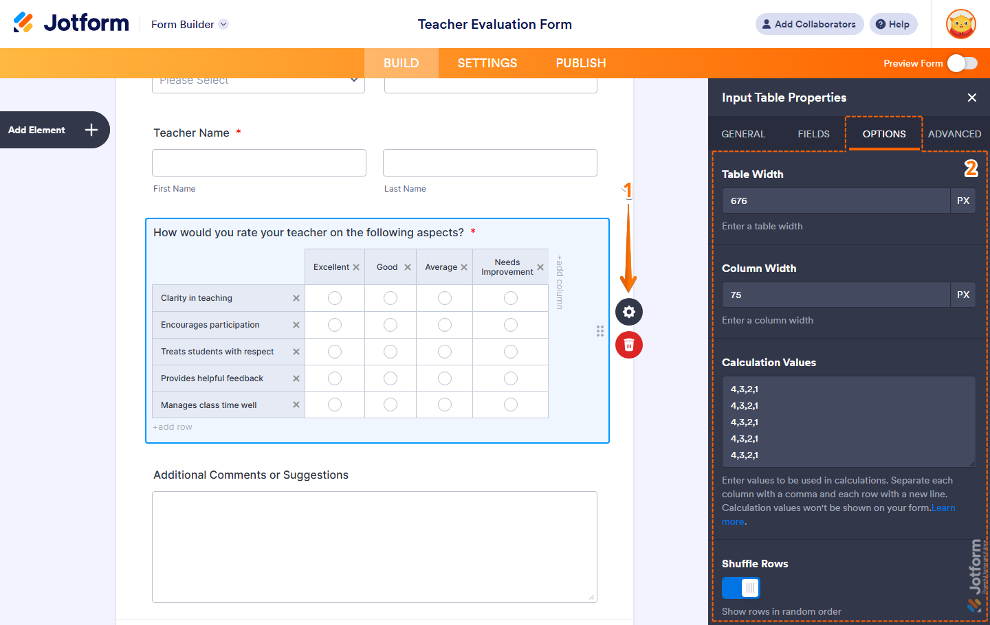 Different field properties under the Options tab of the Input Table Properties menu in Jotform Form Builder