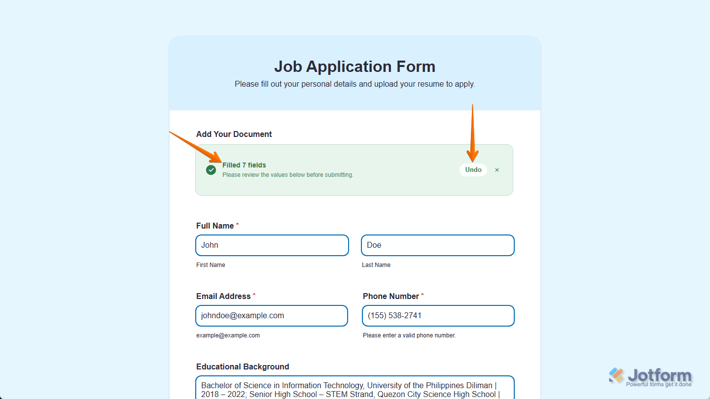 Filled Fields message on the OCR Autofill widget in a Jotform demo form