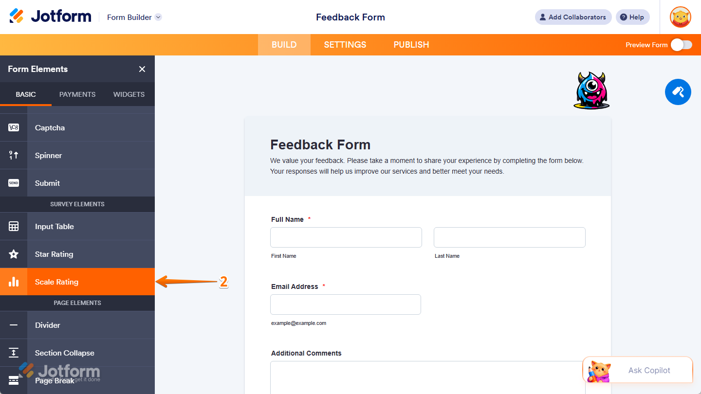 Scale Rating element under the Basic tab in Form Elements menu in Jotform Form Builder