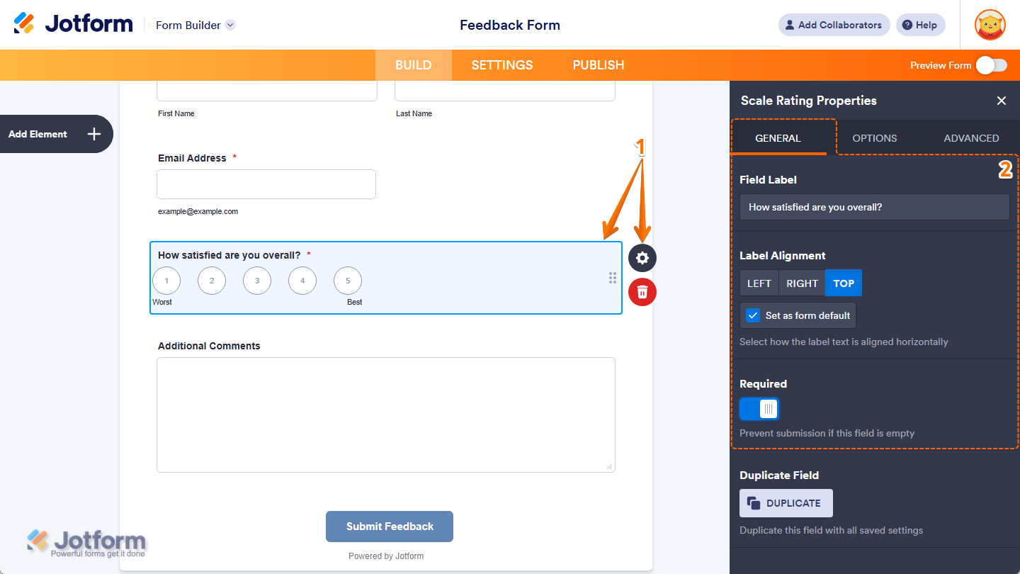 Different properties under the General tab in the Scale Rating Properties menu in Jotform Form Builder