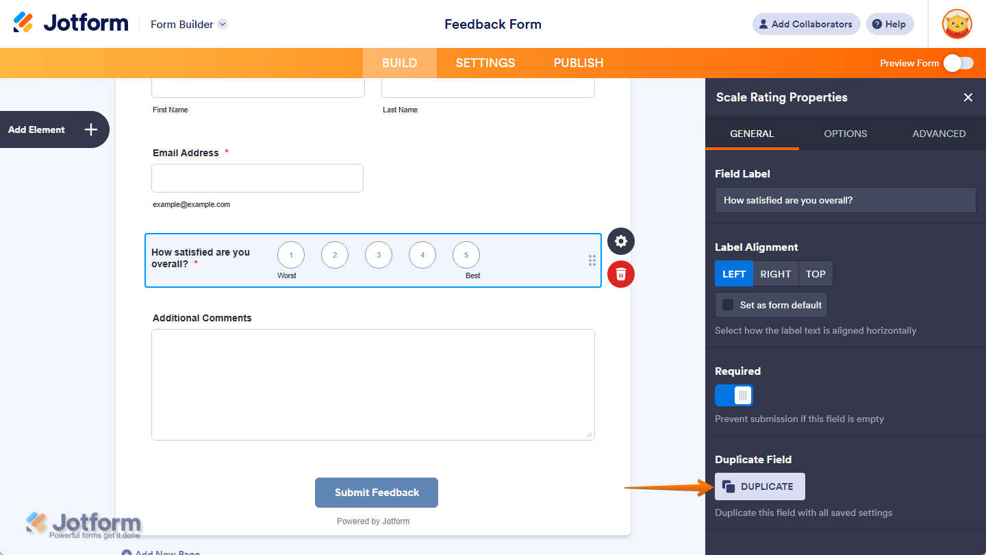 Duplicate button under the General tab in the Scale Rating Properties in Jotform Form Builder