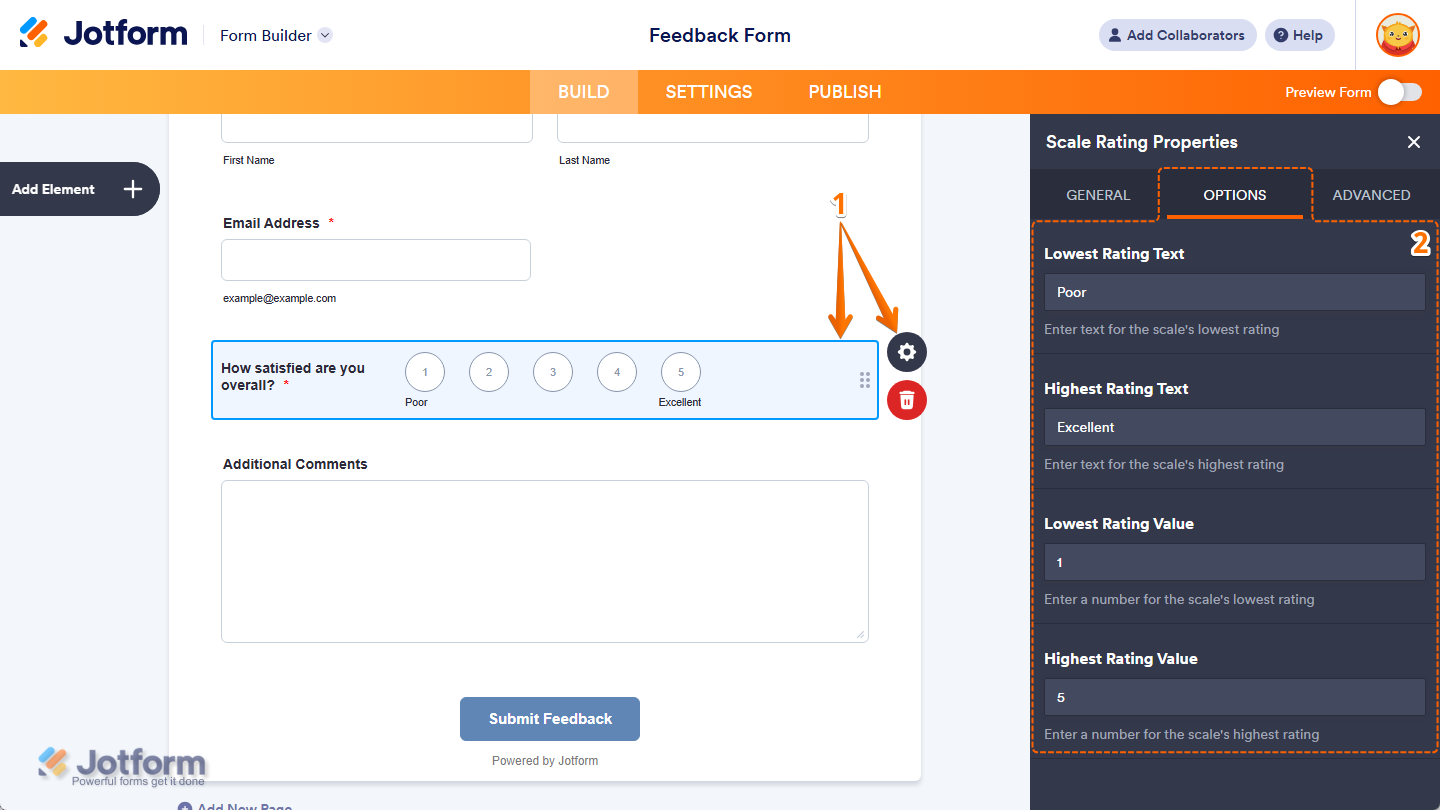 Different properties under the Options  tab in the Scale Rating Properties menu in Jotform Form Builder