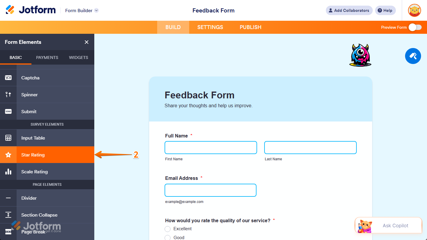 Star Rating element under the Basic tab of the Form Elements menu in Jotform Form Builder