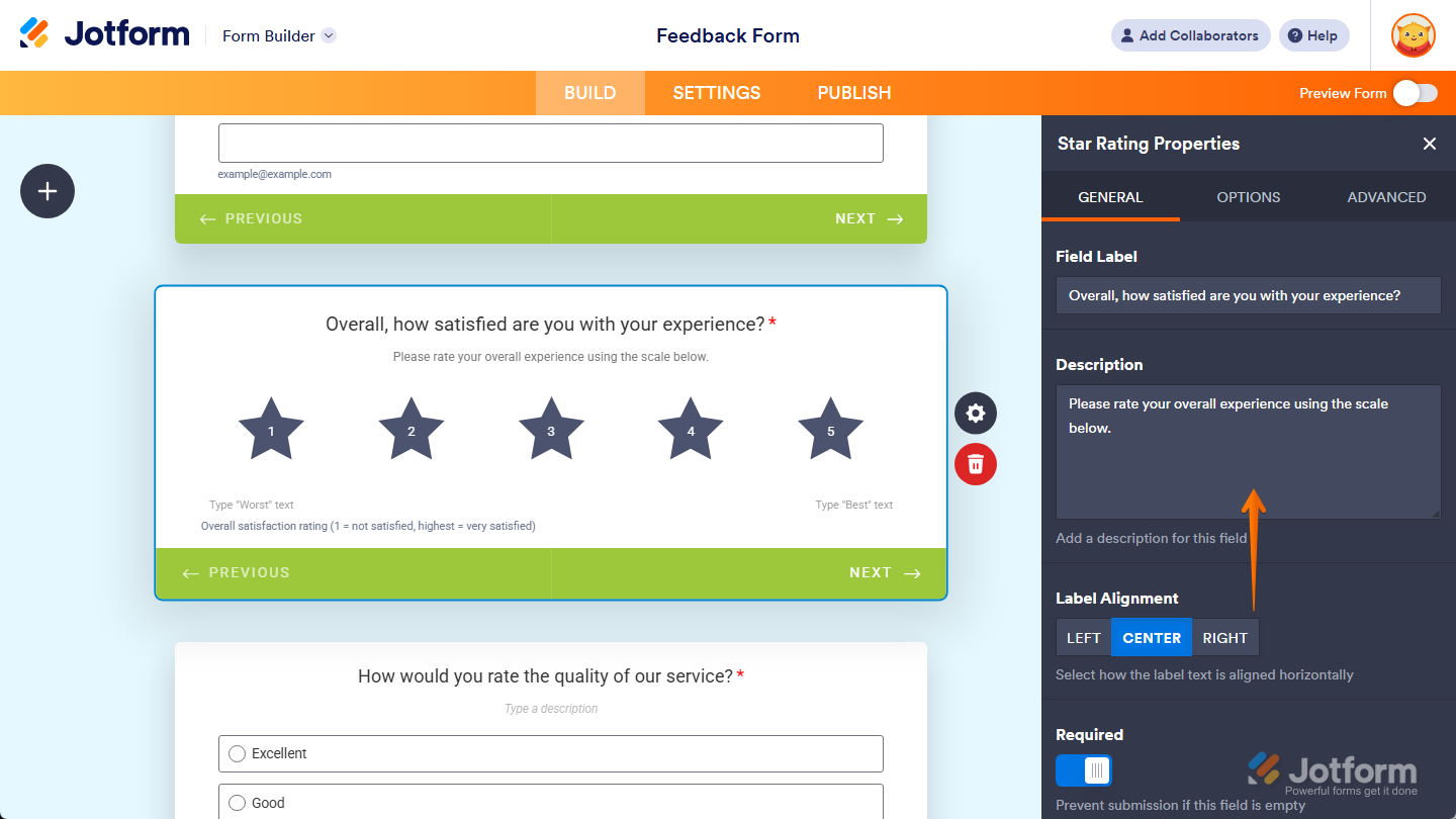Description property in the General tab of the Star Rating Properties menu in Jotform Cards Form Builder