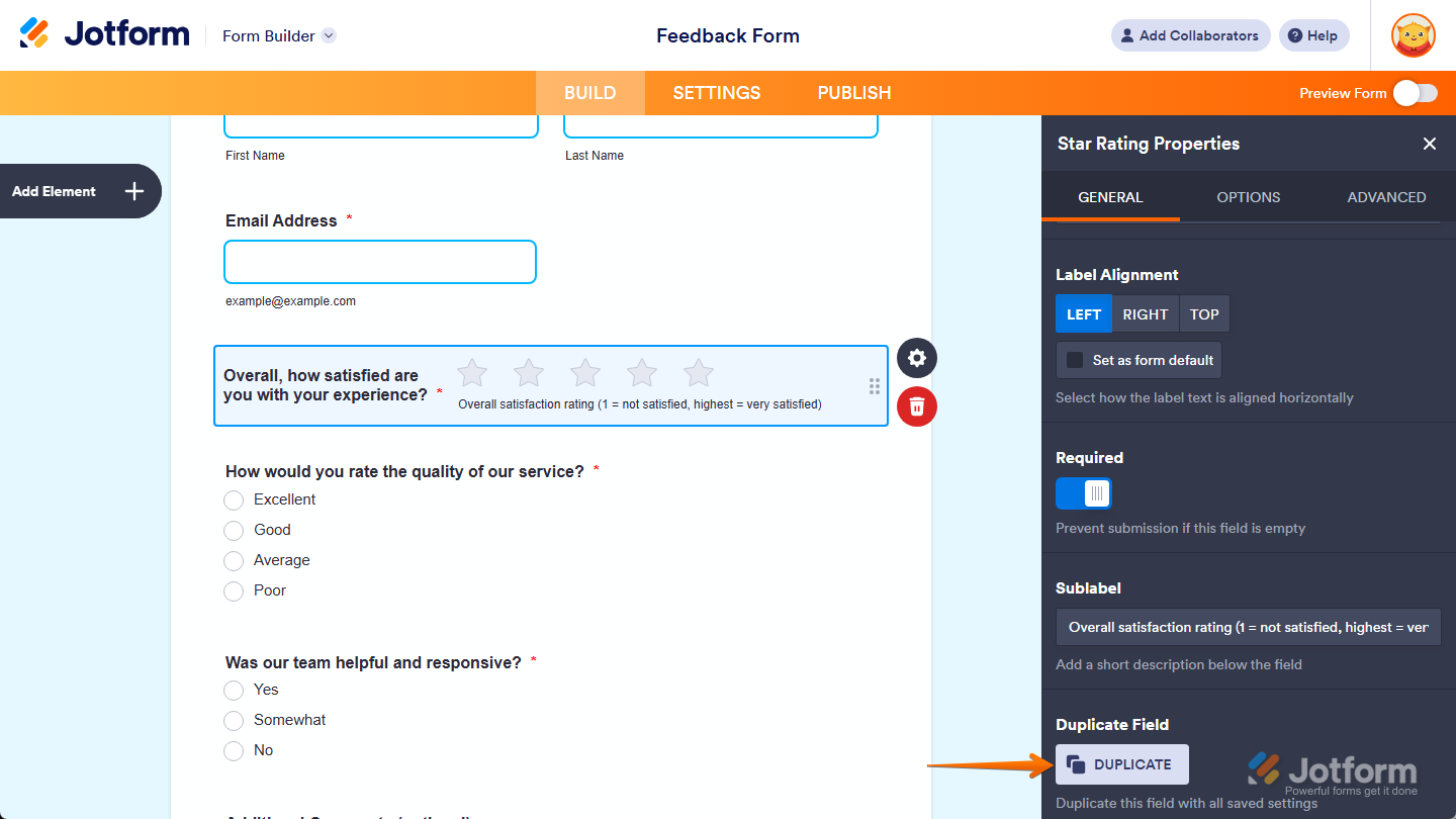 Duplicate button in the General tab of the Star Rating Properties menu in Jotform Cards Form Builder