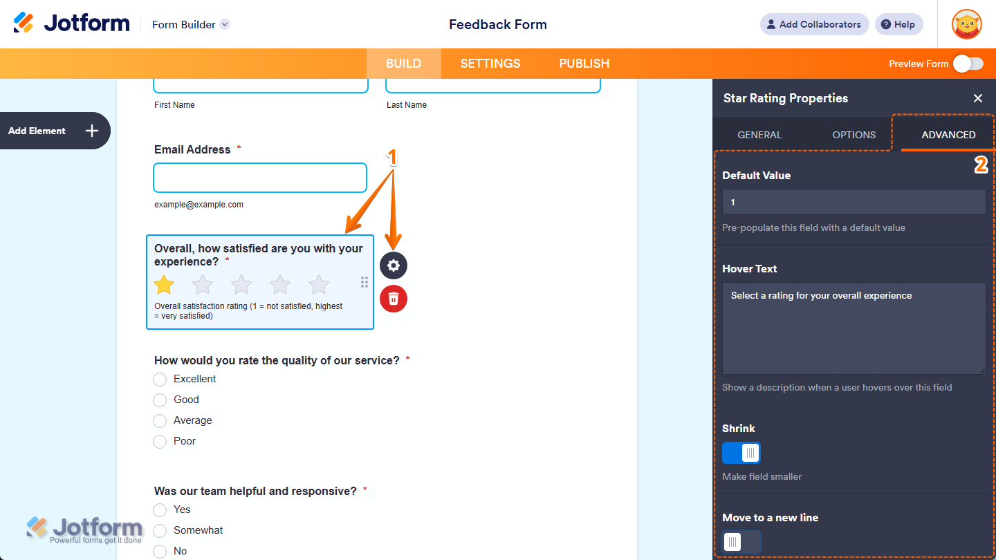 Different properties under the Advanced tab of the Star Rating Properties menu in Jotform Form Builder