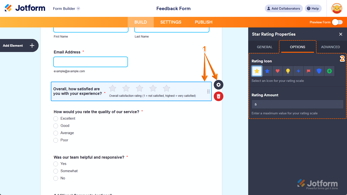 Different properties under the Options tab of the Star Rating Properties menu in Jotform Form Builder