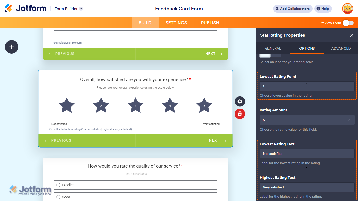 Additional properties in the Options tab of the Star Rating Properties menu in Jotform Cards Form Builder