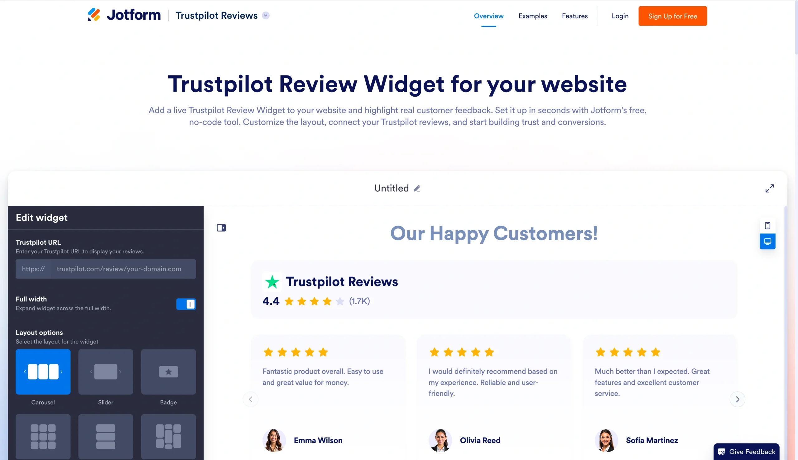 Screenshot of Jotform's Trustpilot Review Widget landing page