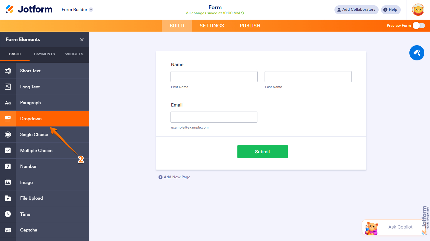 Dropdown element in the Basic tab of the Add Element menu in Jotform Form Builder