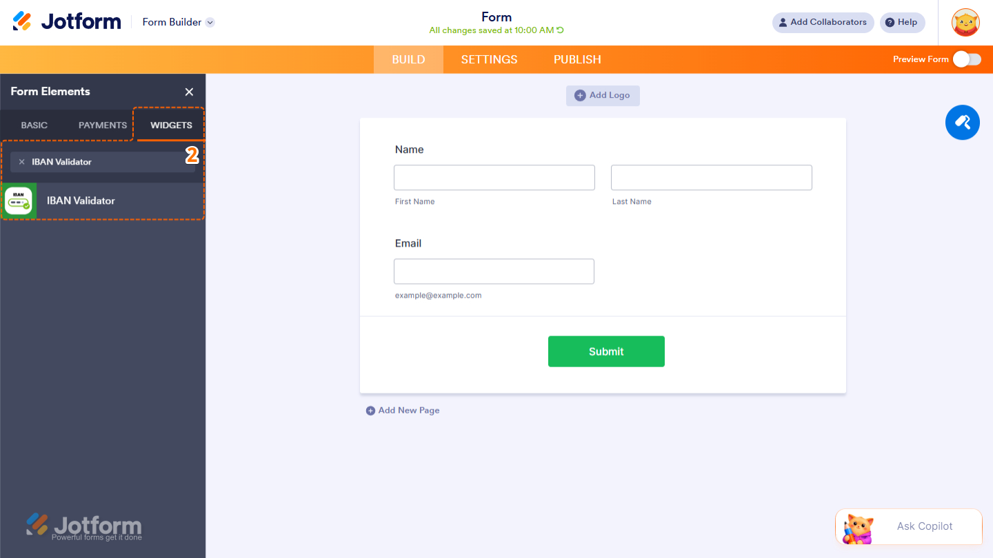 IBAN Validator in the Widgets tab of Jotform Form Builder