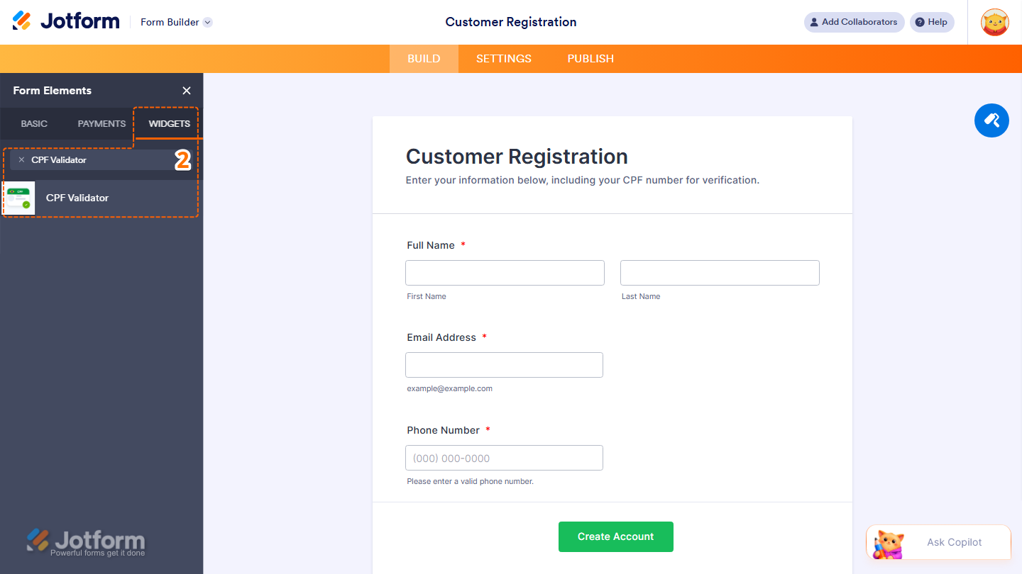 Form Elements Widgets tab showing CPF Validator widget search and selection in Jotform