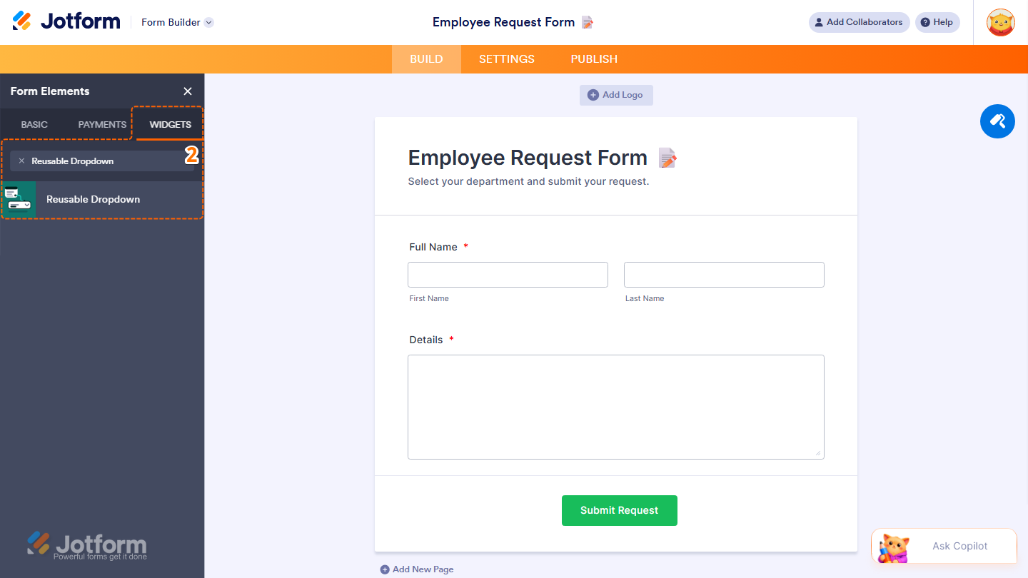 Form Elements Widgets tab showing Reusable Dropdown widget search and selection in Jotform