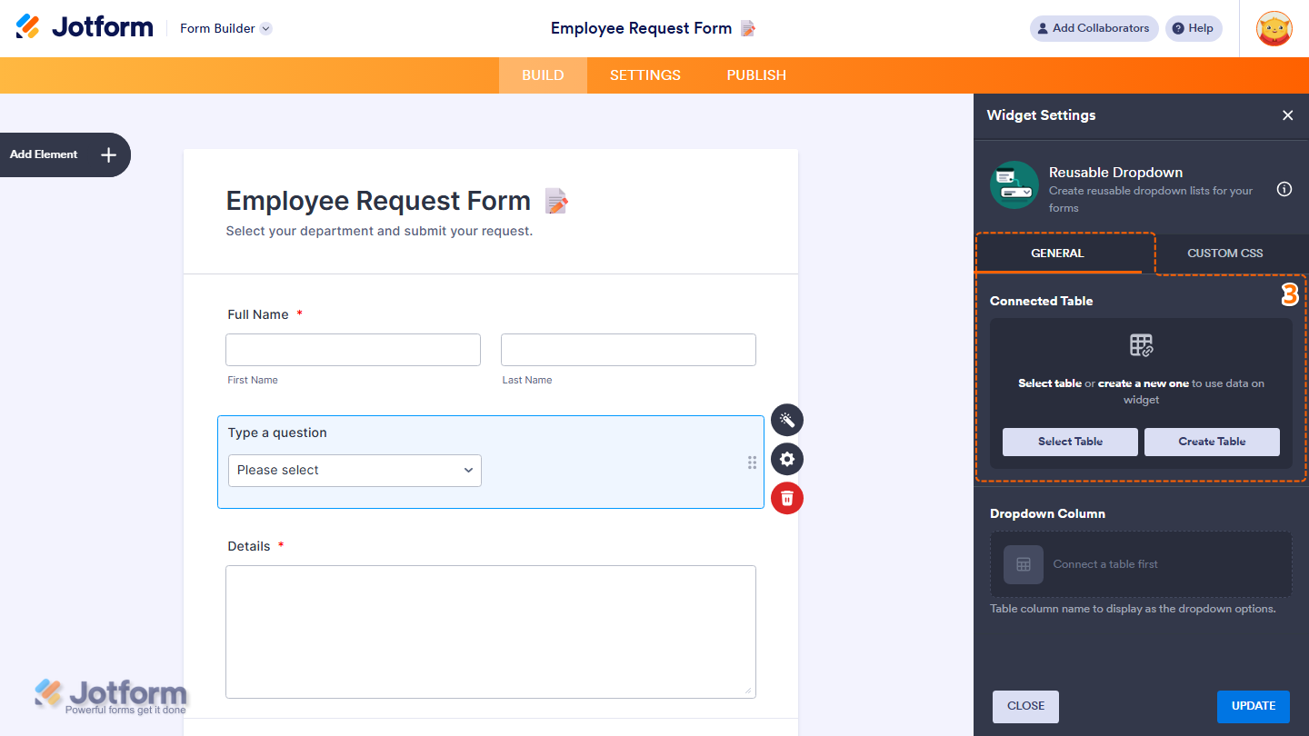 Reusable Dropdown widget settings showing Select Table and Create Table options in Jotform