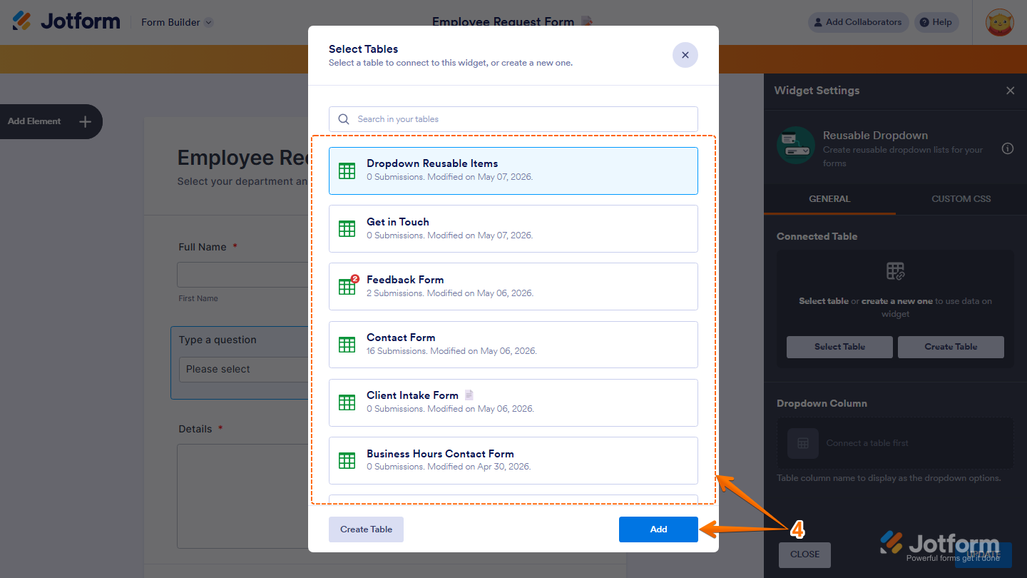 Reusable Dropdown widget showing table selection and Add button in Jotform