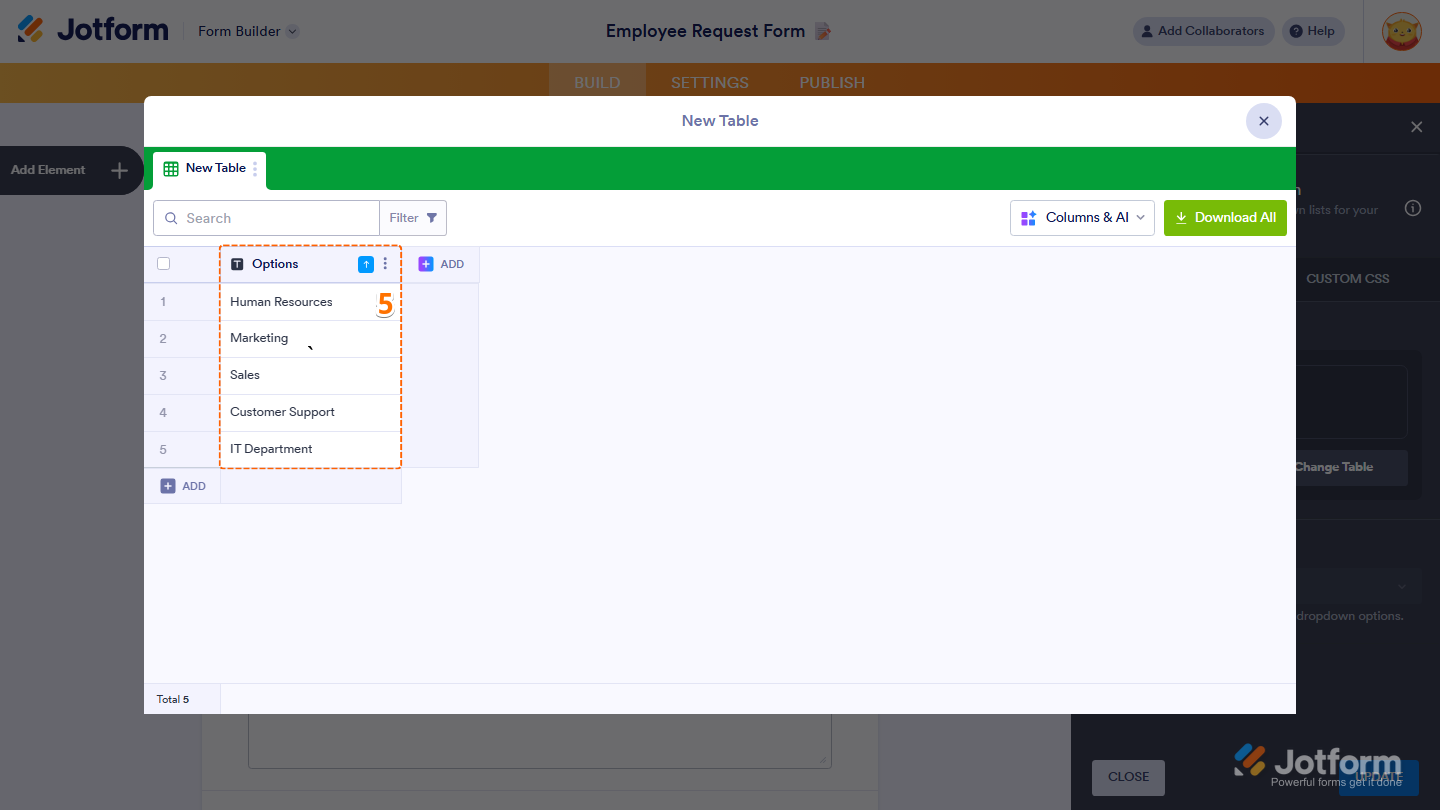 Reusable Dropdown widget showing new table values input field in Jotform