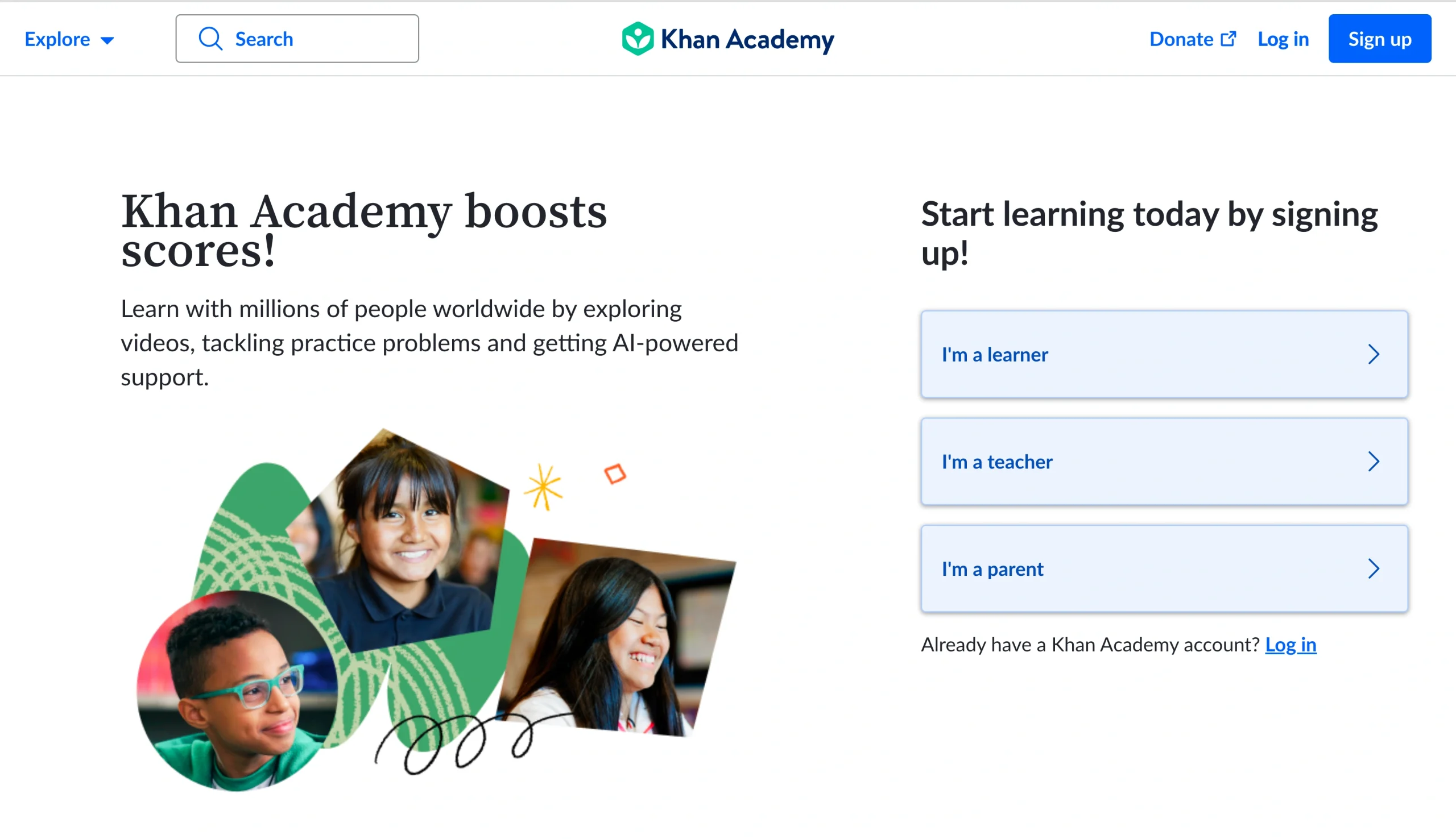 Screenshot of the Khan Academy landing page