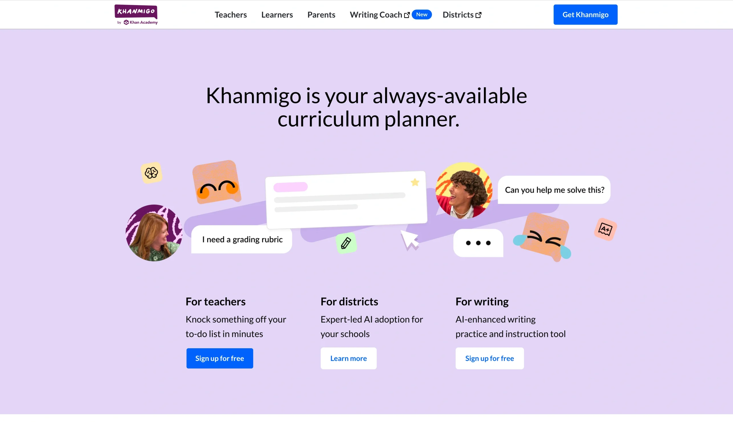 Screenshot of the Khanmigo landing page, showing a headline "Khanmigo is your always-available writing 