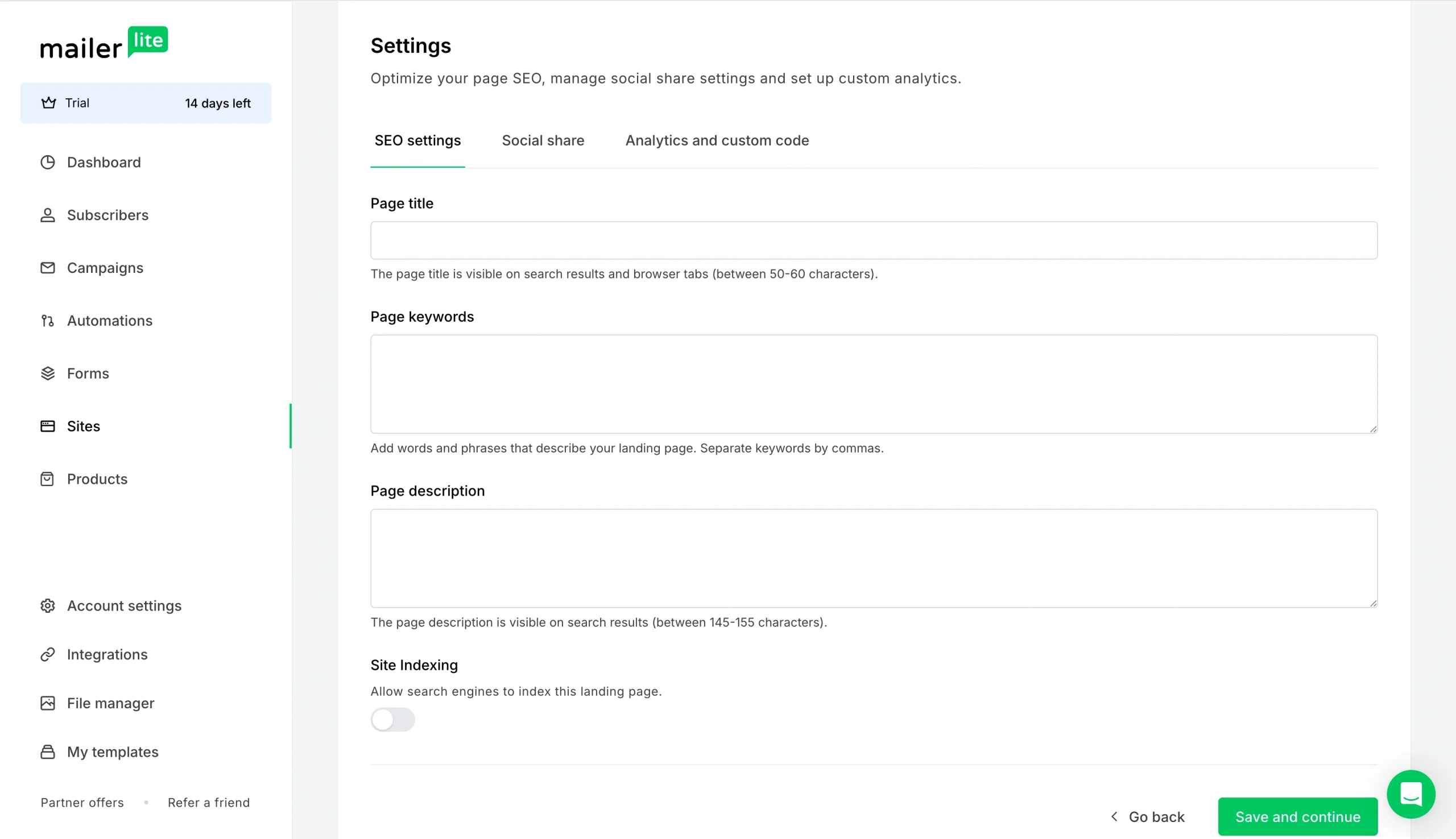 MailerLite SEO settings page showing fields for page title, keywords, and description, plus a toggle for search engine indexing and a green “Save and continue” button