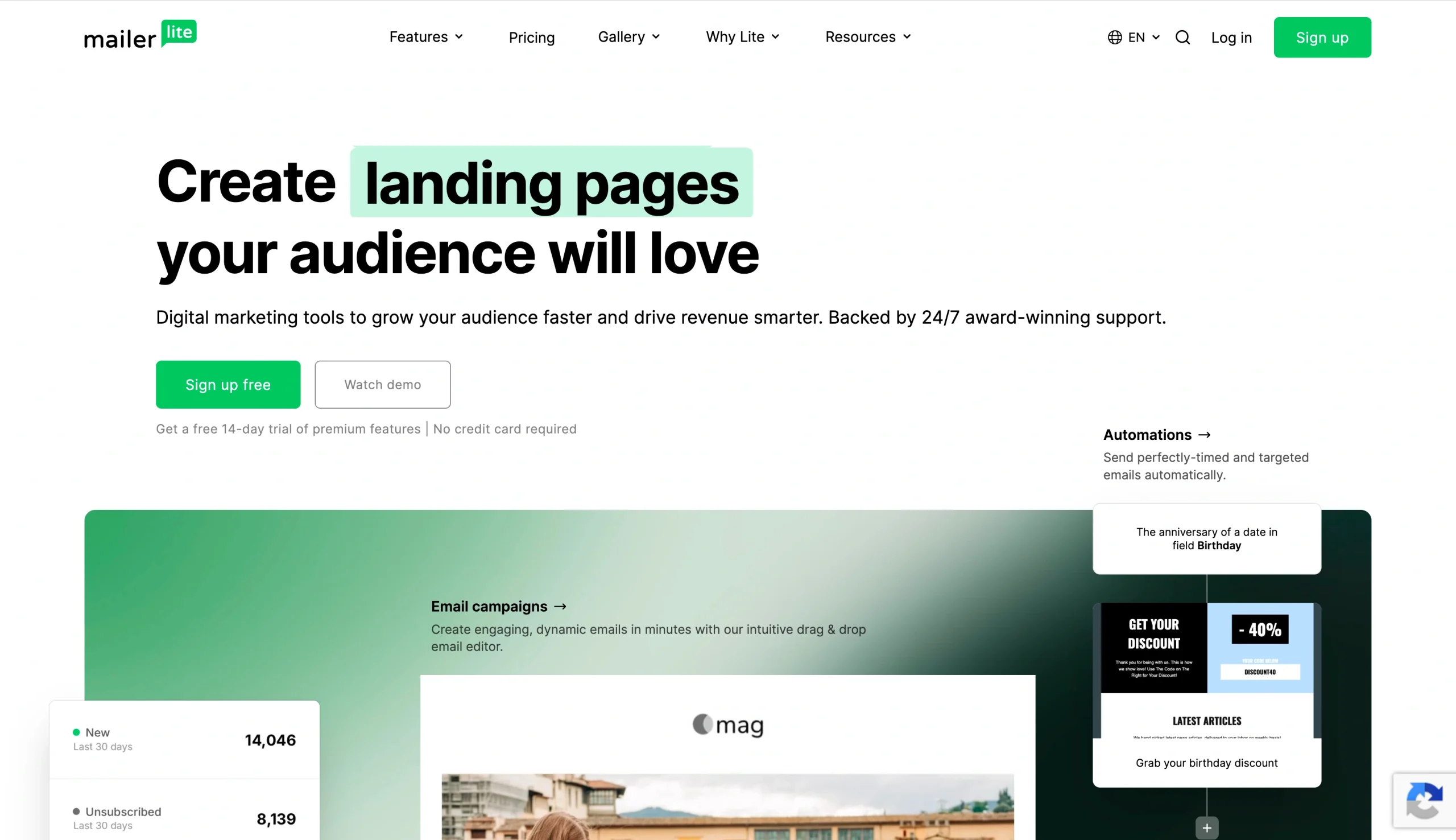 Screenshot of the Mailer Lite landing page, showing a headline "Create landing pages your audience will love"