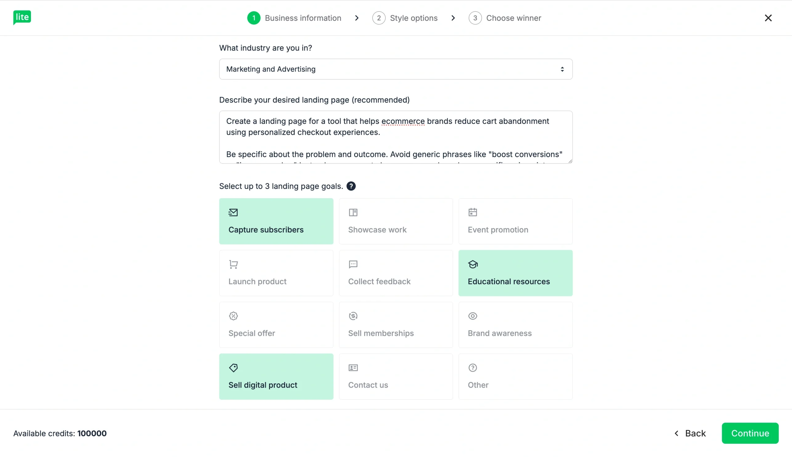 MailerLite landing page setup screen with business info fields and selectable landing page goals