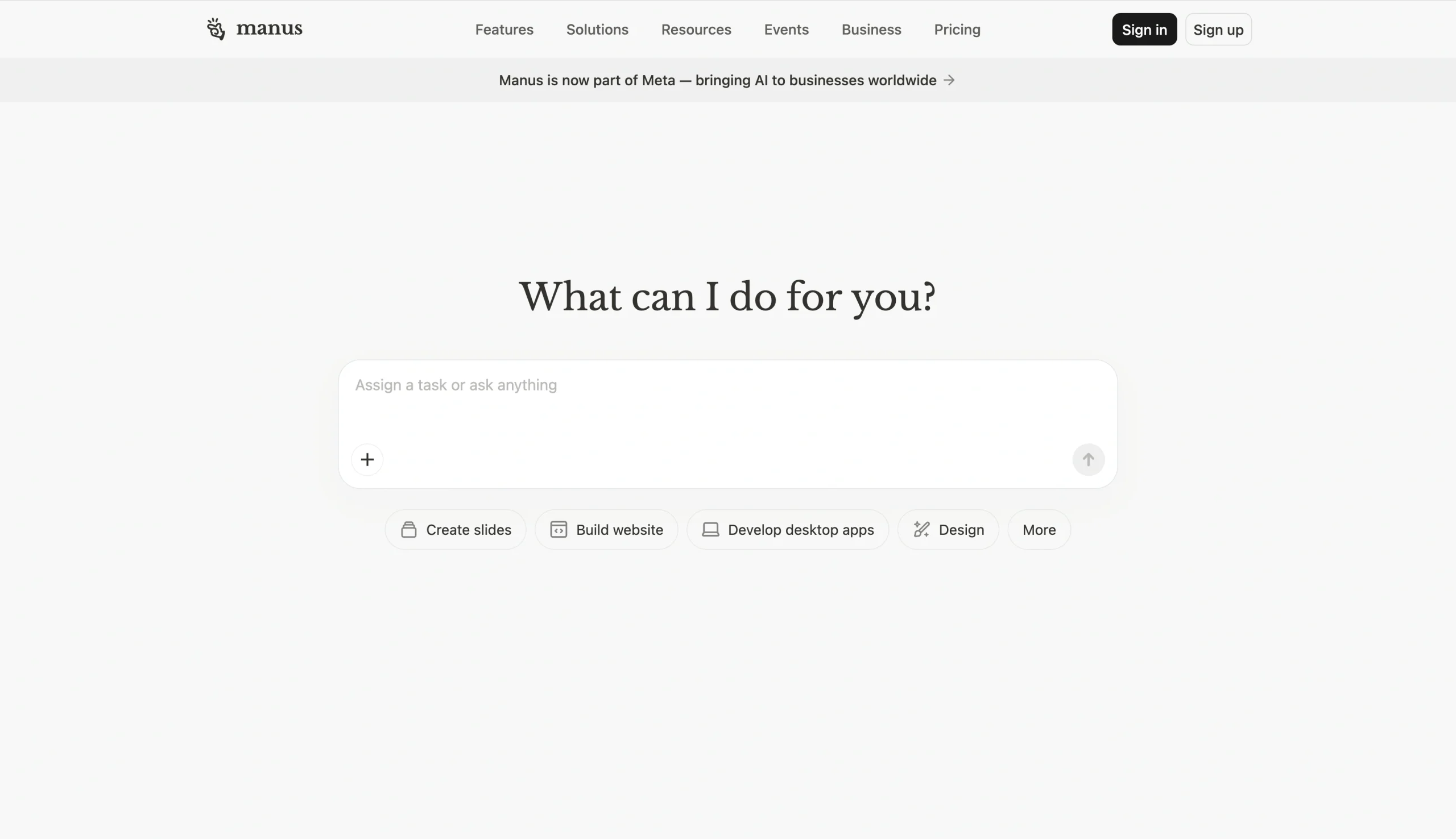 Screenshot of the Manus AI landing page
