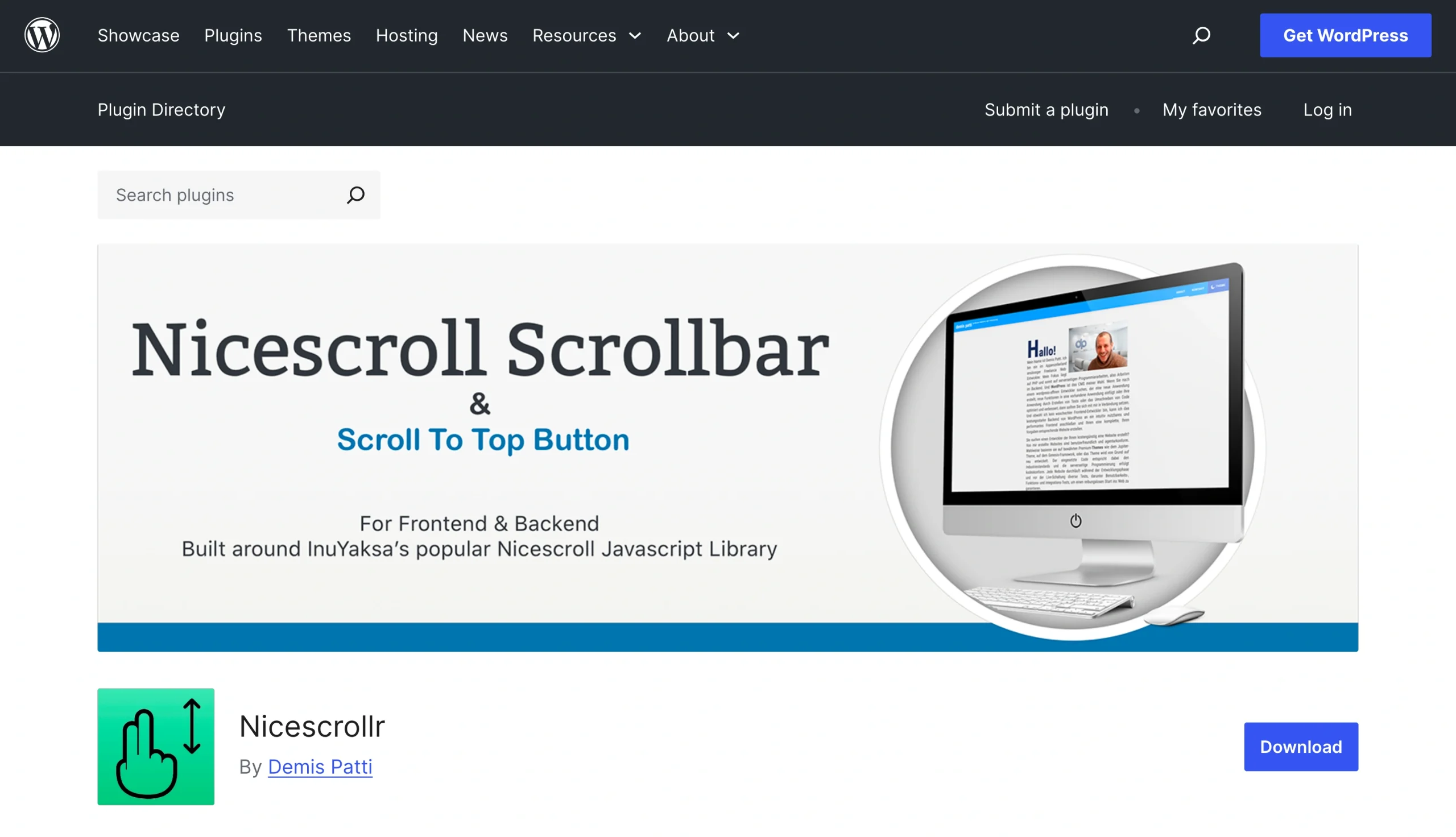 Nicescroll plugin page on WordPress
