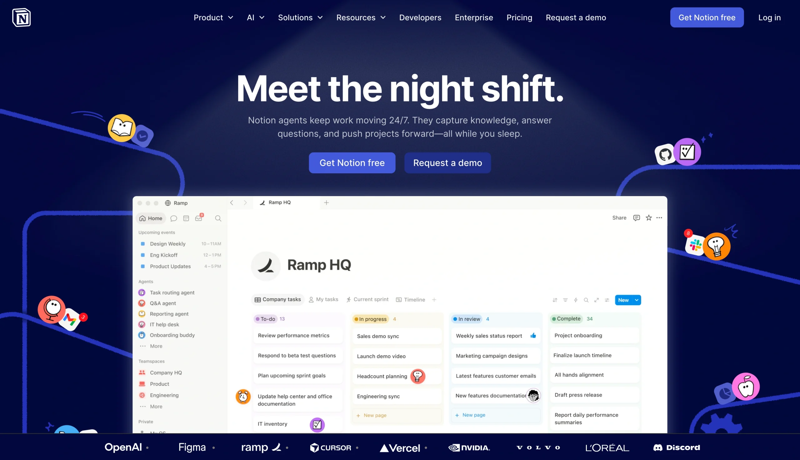 Screenshot of the Notion landing page, showing a headline "Meet the night shift"