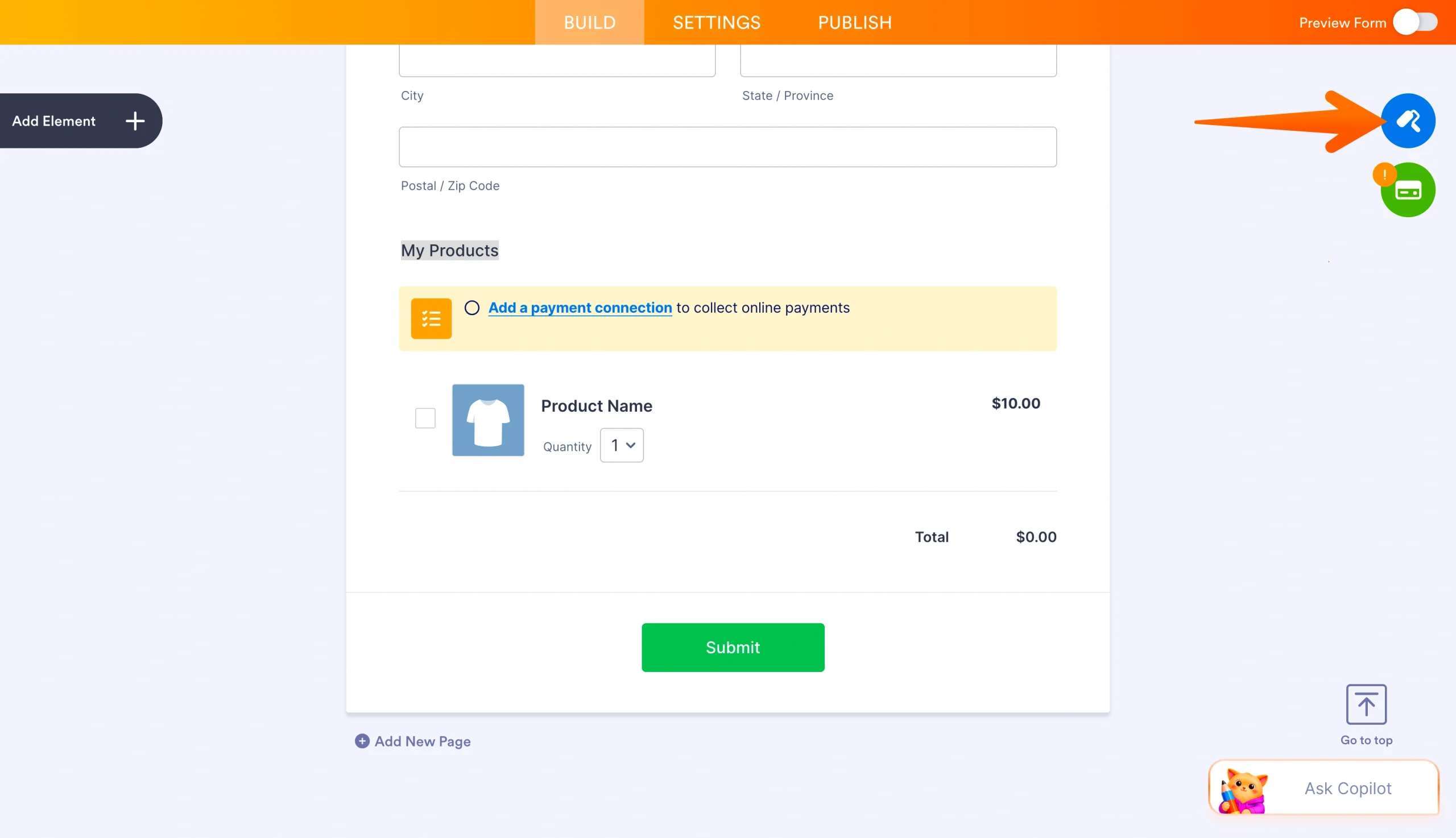 Jotform Form Builder with an arrow pointing to the paint roller icon used to customize form styles, colors, fonts, and backgrounds