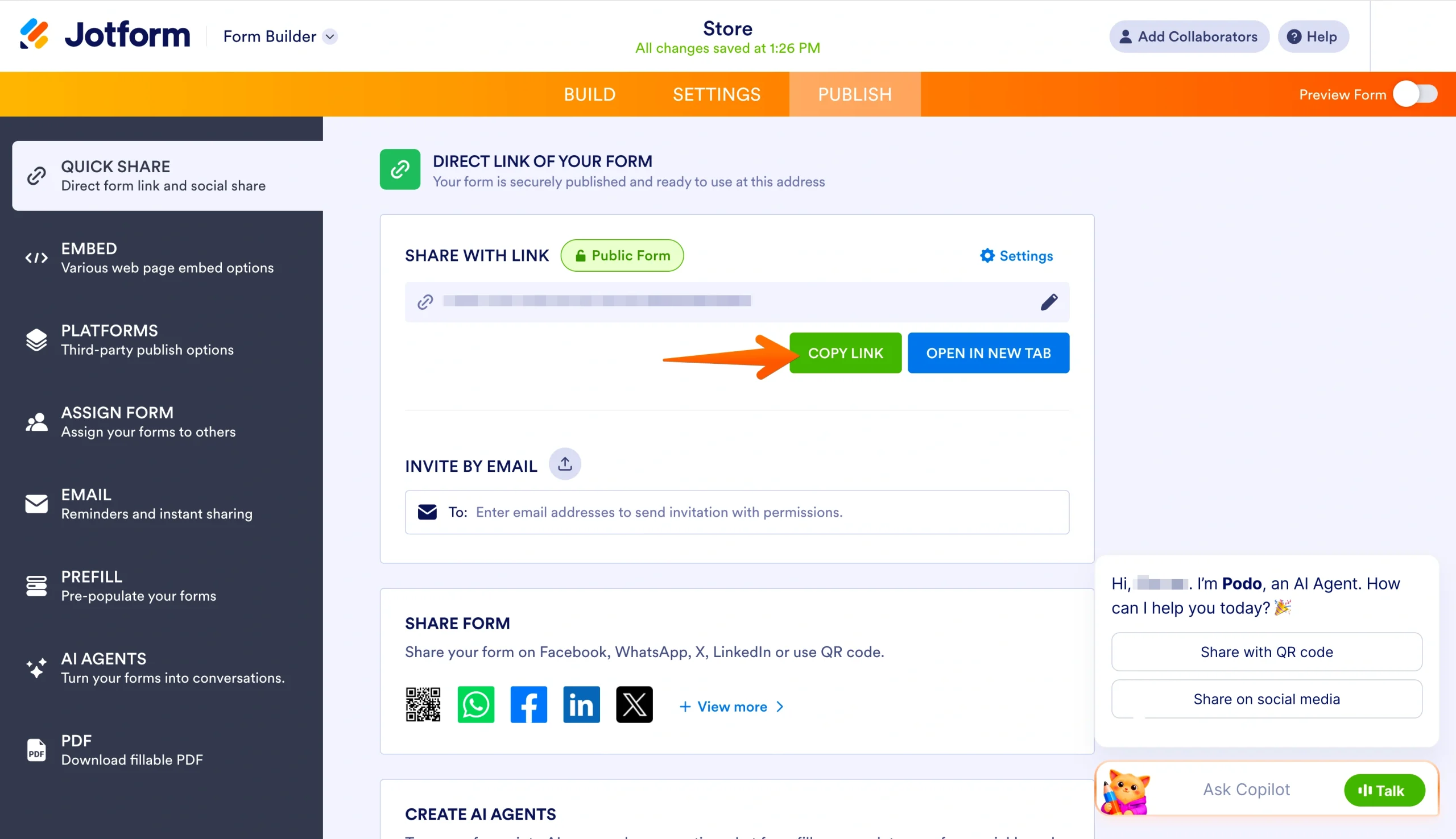 Jotform Publish page showing an arrow pointing to the Copy Link button under Share With Link