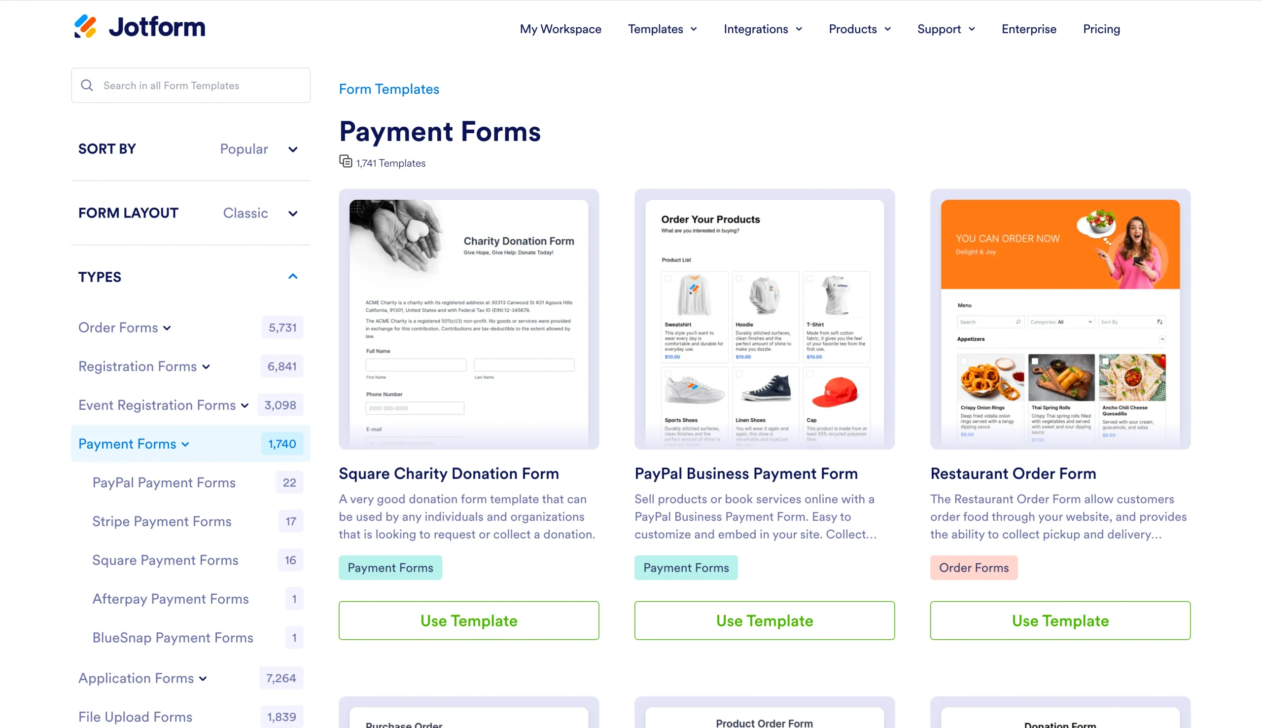 Jotform payment form templates page with Payment Forms selected in the left category menu