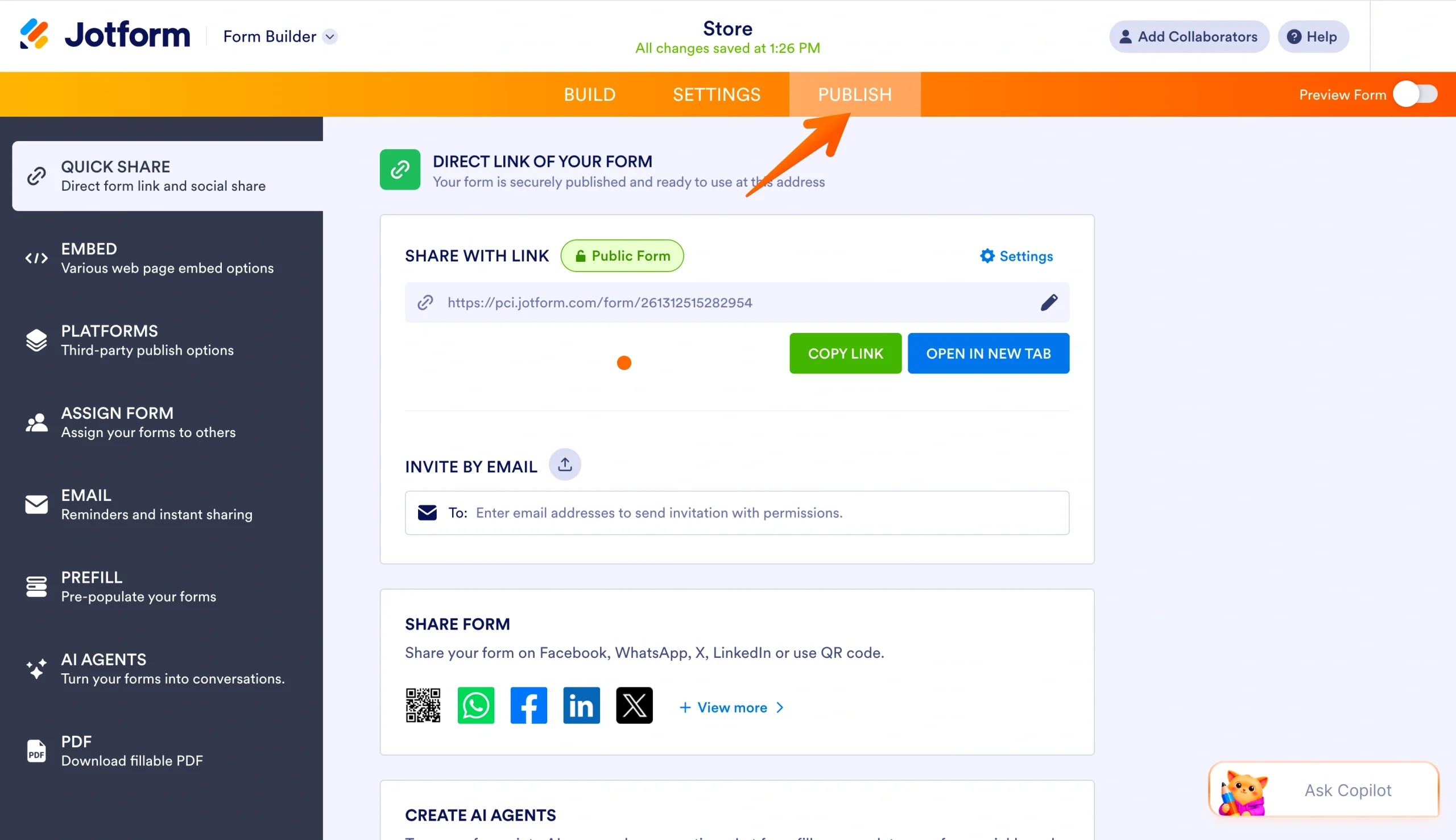 Jotform Form Builder Publish tab with an arrow pointing to the Publish button in the top navigation bar