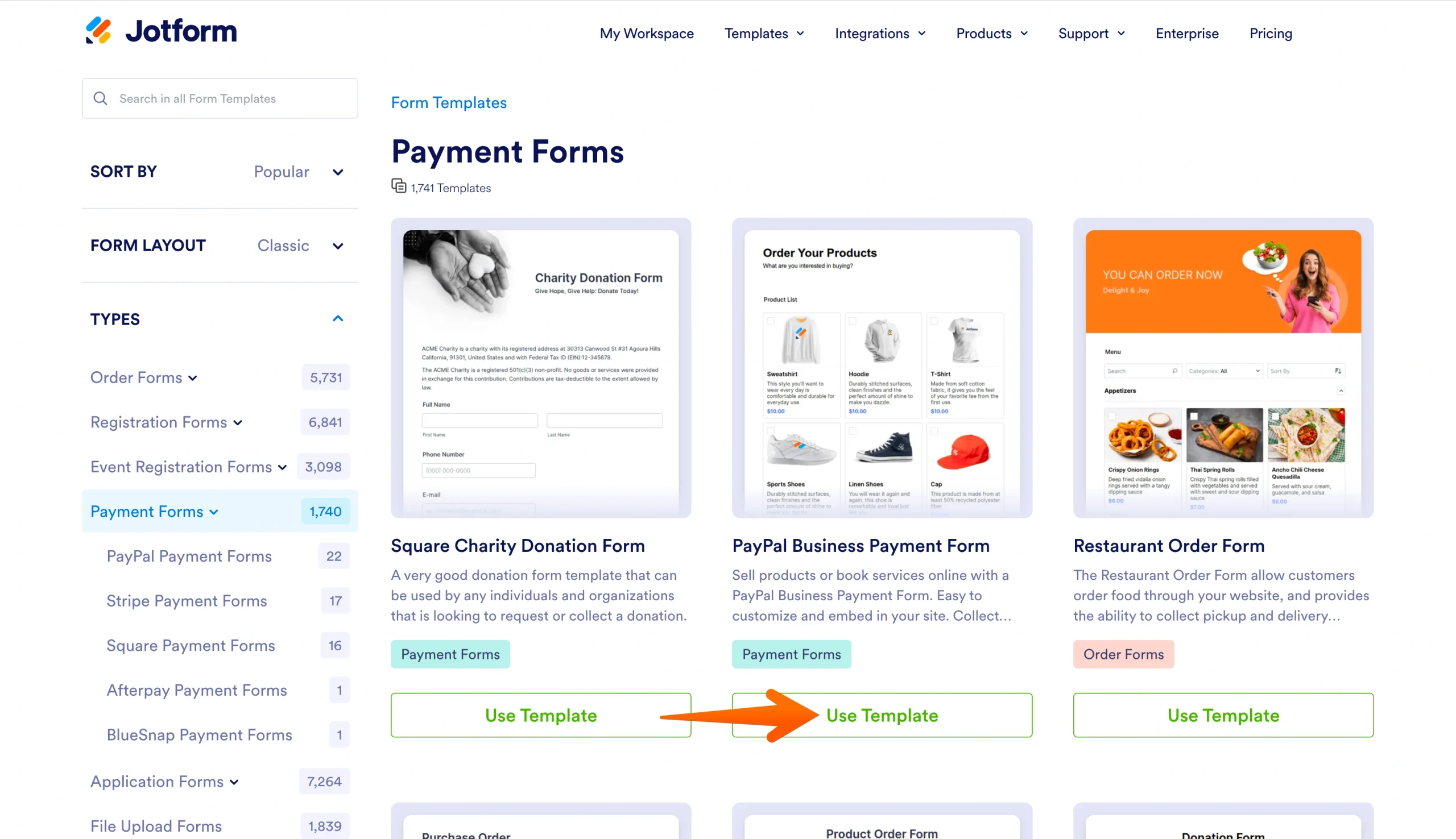 Jotform payment form templates page showing an arrow pointing to the Use Template button