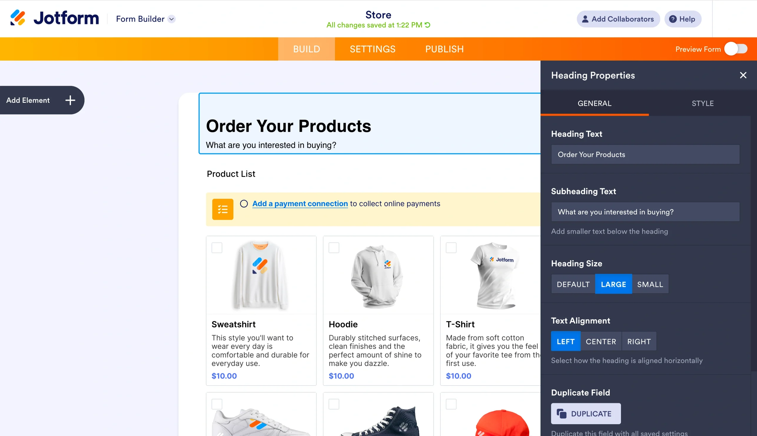 Jotform Form Builder showing a product order form being customized with product items and heading settings