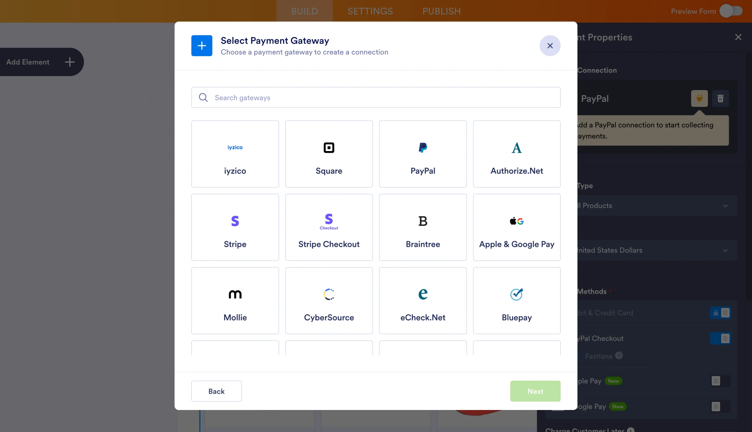 Jotform payment gateway selection window showing payment processor options like PayPal, Stripe, Square, and Apple Pay