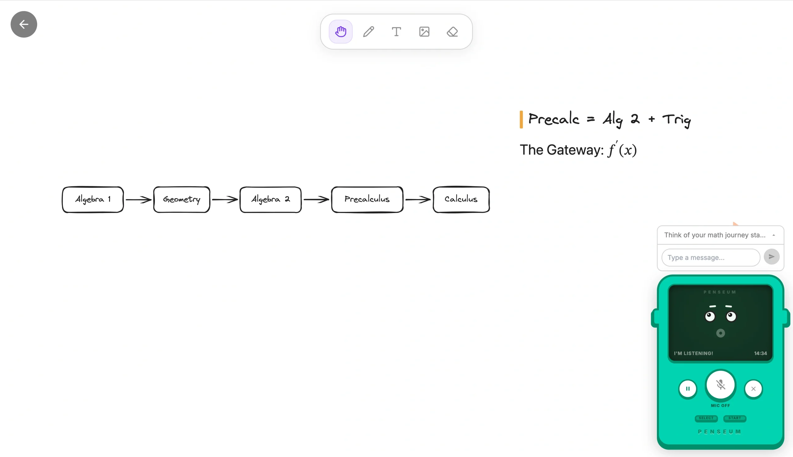 Penseum AI tutor interface displaying a math learning path and voice assistant tools