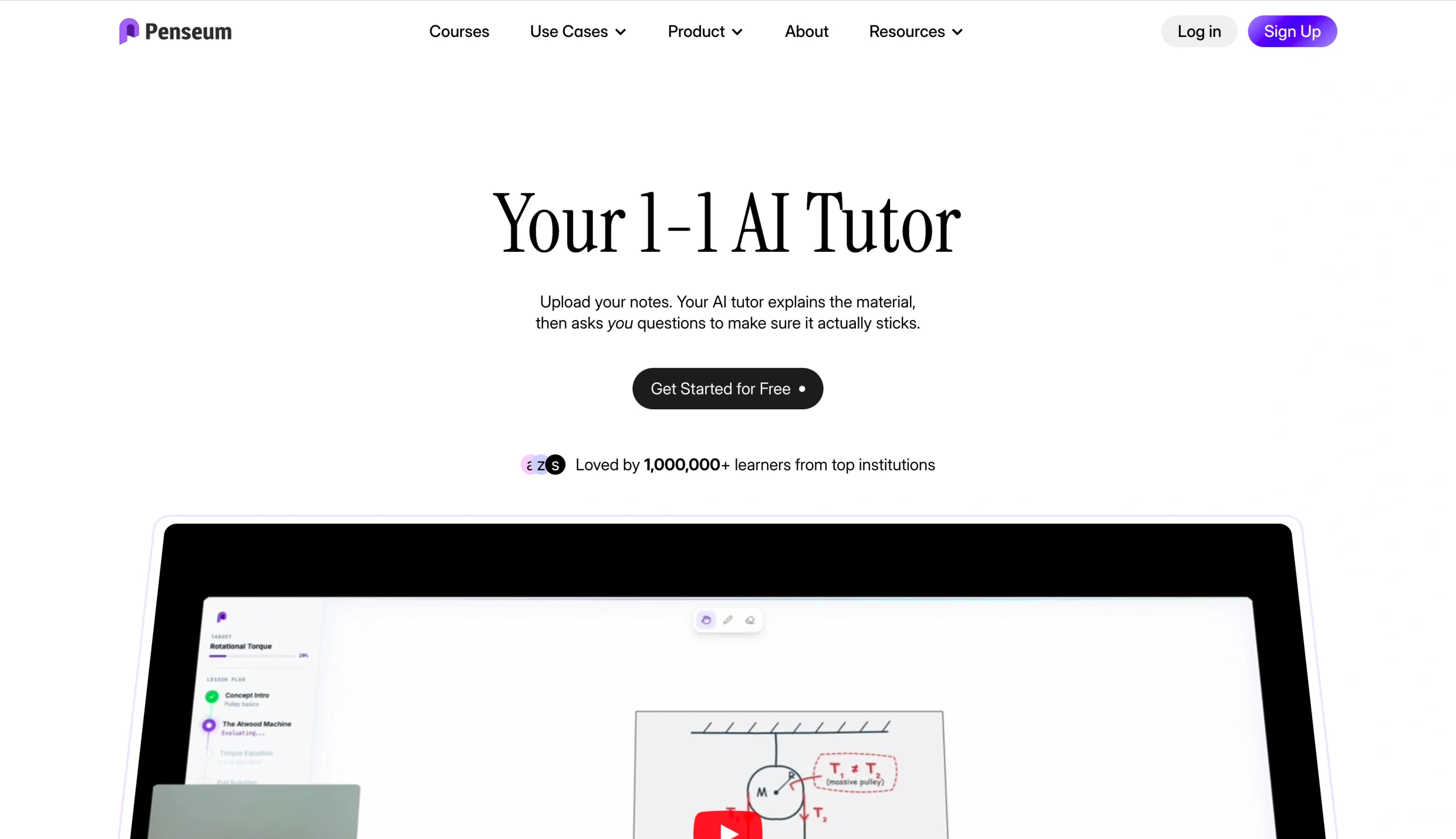 Screenshot of the Penseum landing page, showing a headline "Your 1-1 AI Tutor"