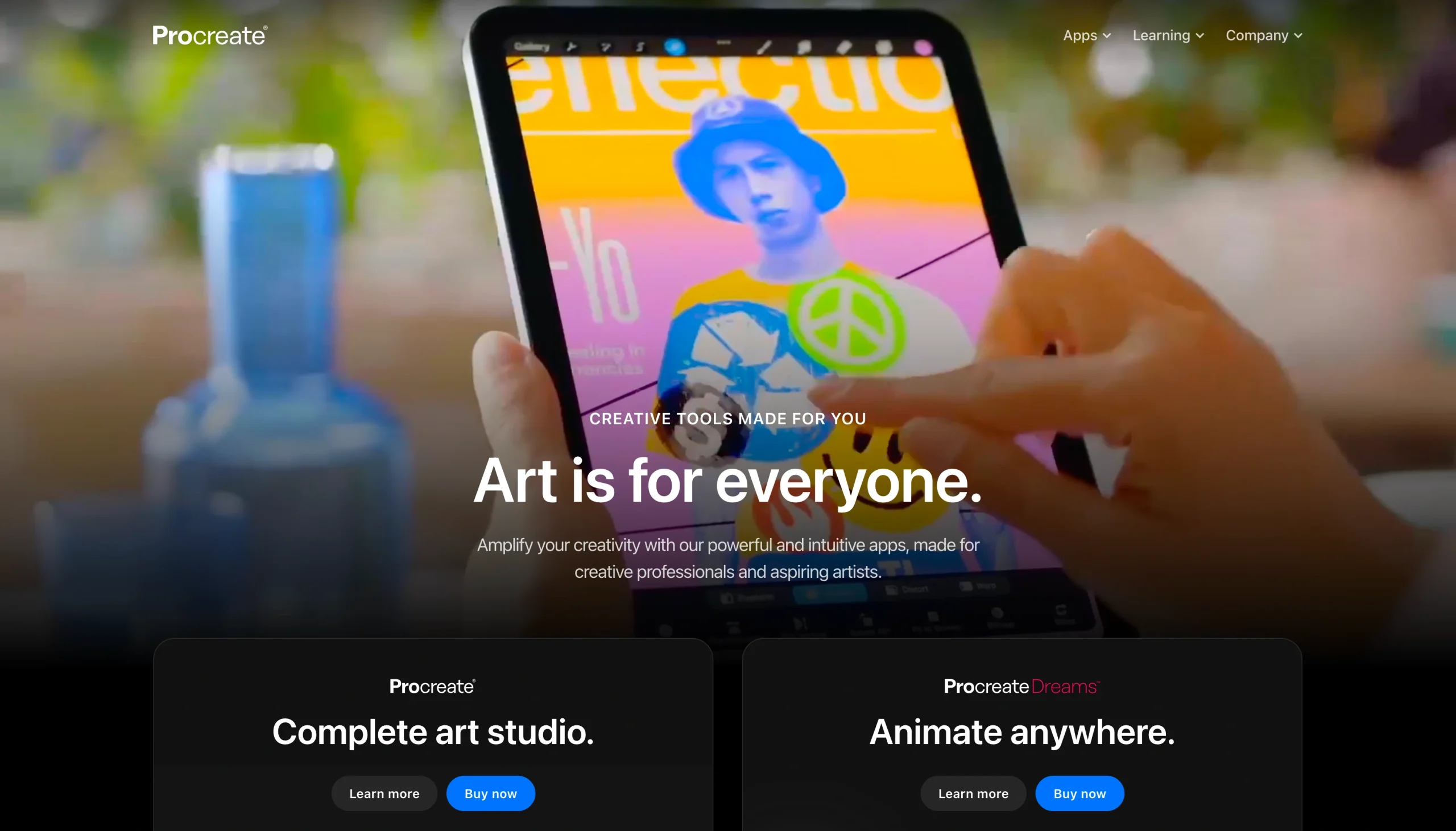 Screenshot of the Procreate landing page, showing a headline "Art is for everyone"