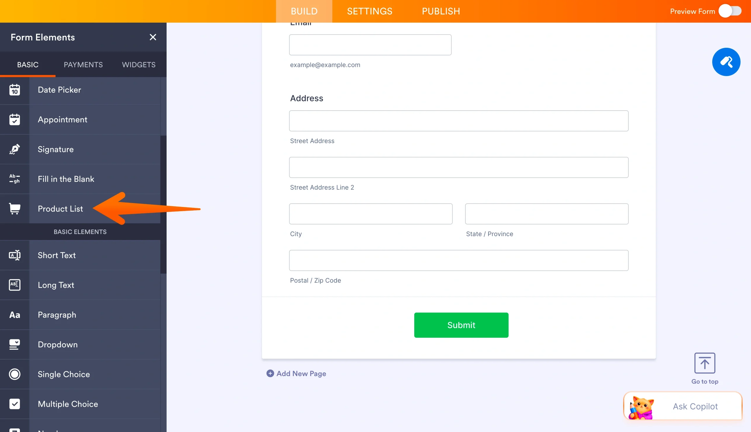 Jotform Form Builder sidebar with an arrow pointing to the Product List field under Form Elements