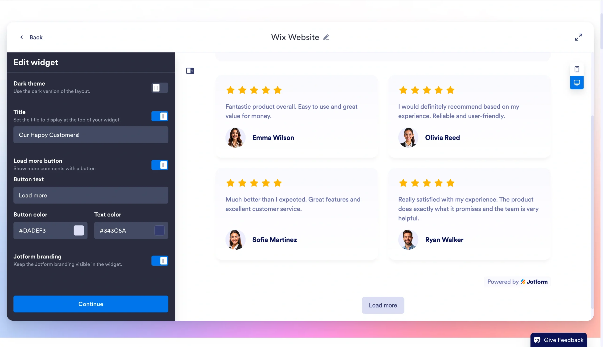 Screenshot of the Trustpilot Reviews widget editor in Jotform, displaying customization settings on the left and a live review feed preview on the right