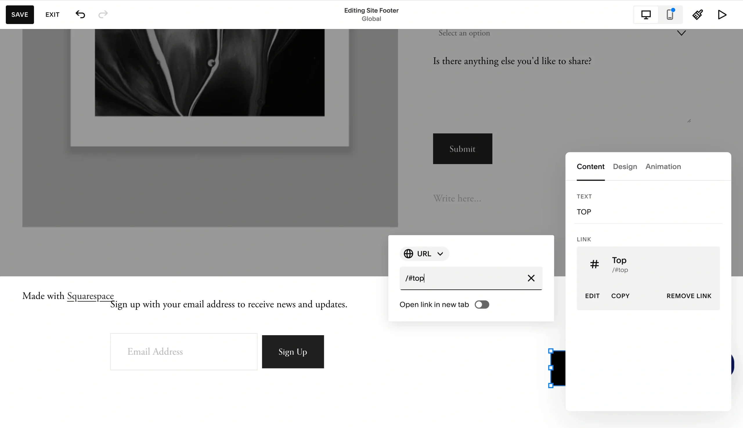 Squarespace editor showing a text link configured to jump back to the top of the page