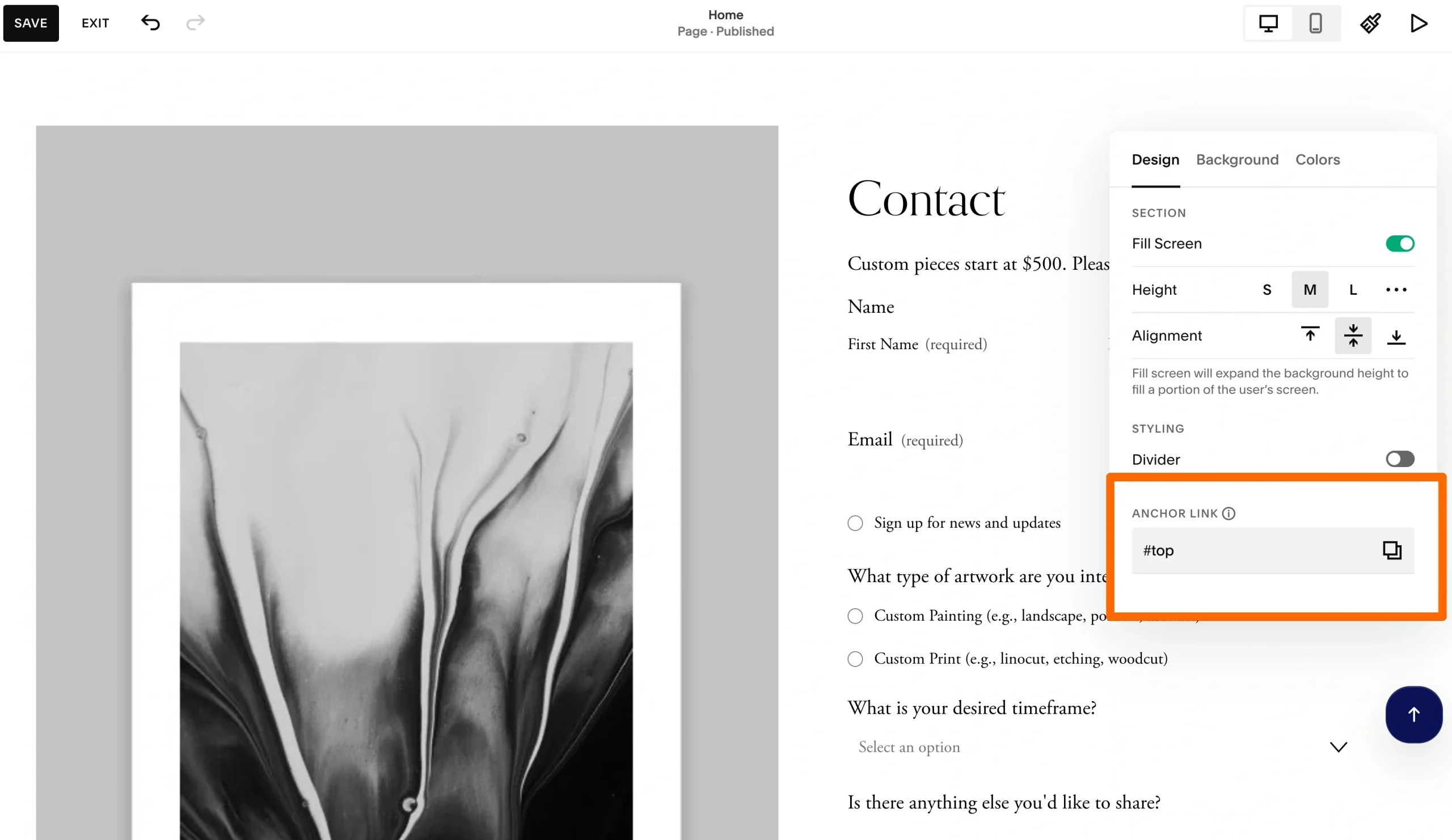 Squarespace editor showing the Anchor Link field used to set a top section ID